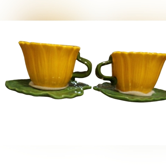 Lang- NWT, Yellow and Green Hand Painted Floral Mugs & Saucers. - Picture 1 of 9